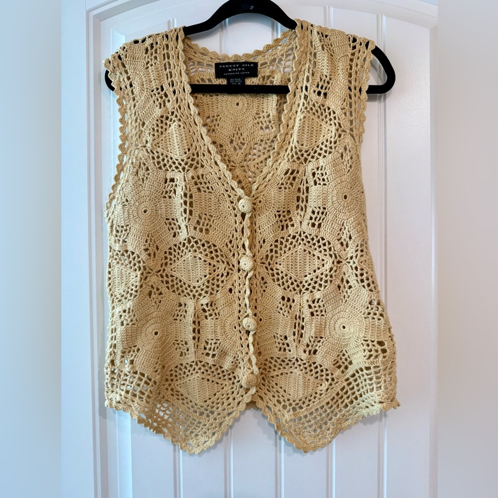 August Silk Golden Crochet Cotton Blend Lace Cottagecore Button Vest